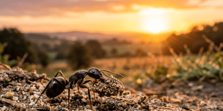 An ant carrying a clump of soil on a dirt surface with a sunset in the background.