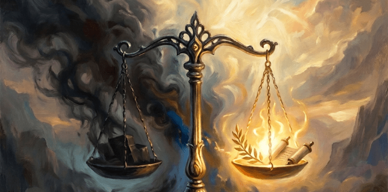 A balance scale held by a hand with dark and light elements on each side, glowing sword and book labeled 'JUSTITIA' in background