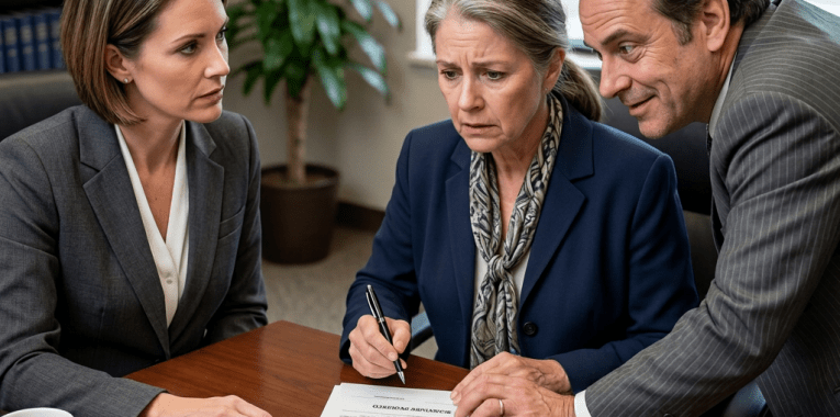 Loan officer helping two clients review and sign a loan agreement