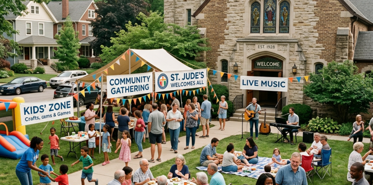 Community gathering with food, live music, and kids' activities outside St. Jude's Church