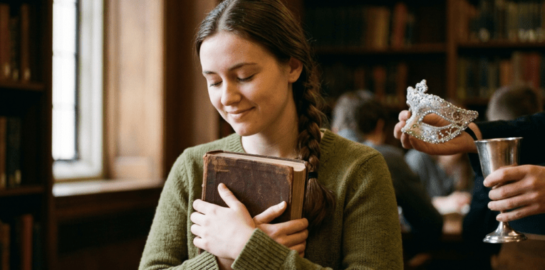 Woman holding books while a masked guest offers a goblet in a library