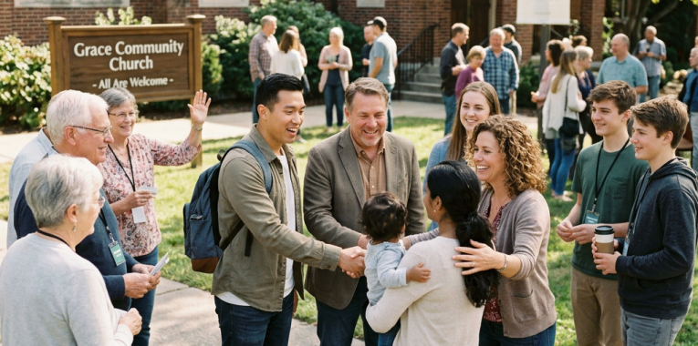People greeting outside Grace Community Church beneath a Come As You Are sign
