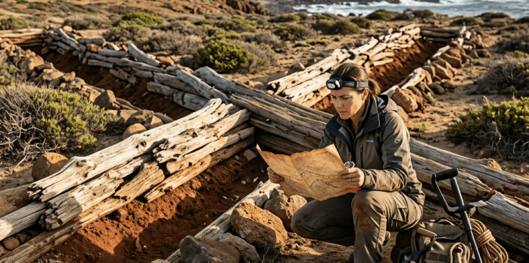 Archaeologist studying a map beside a coastal excavation trench