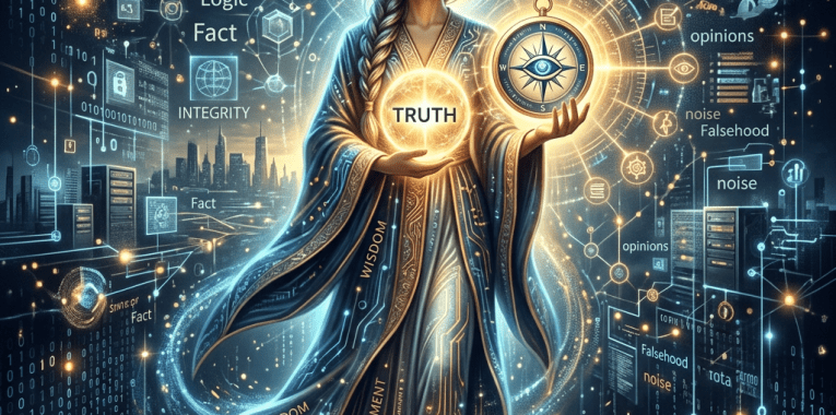 Woman holding a glowing sphere labeled TRUTH amid digital networks and words including Integrity, Logic, Fact, and Falsehood