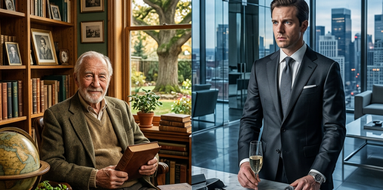 Split scene showing an elderly scholar in a library and a young executive in a modern office