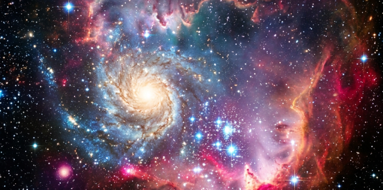 Luminous spiral galaxy surrounded by colorful nebulae and stars