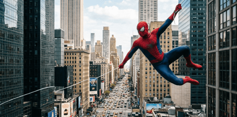 Spider-Man swinging between Manhattan skyscrapers above a busy avenue