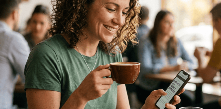 Woman holding coffee and phone beside jar labeled COMMUNITY FUND