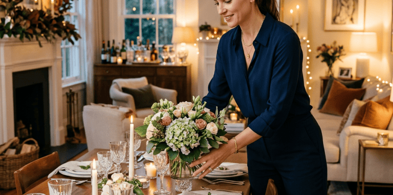 Woman arranging a floral centerpiece on an elegantly set dinner table