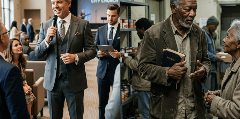 Split scene of a church speaker and a man holding a Bible in a pantry