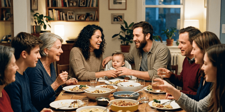 Multigenerational family dining together around a table with framed family quote