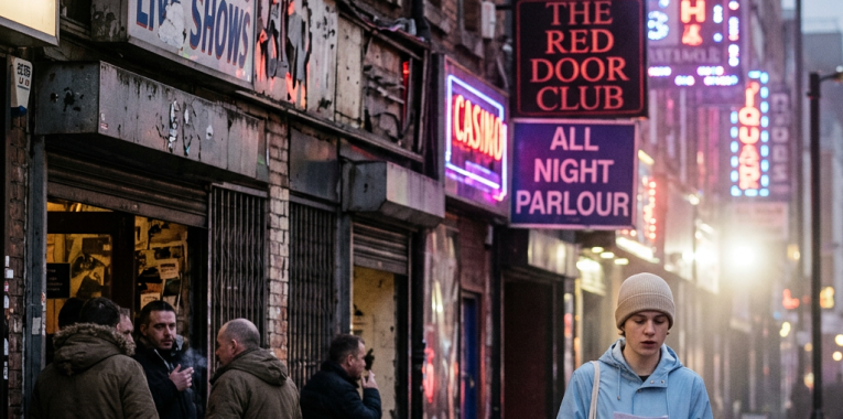 Rainy nightlife street with adult cinema, live show, casino, and club signs