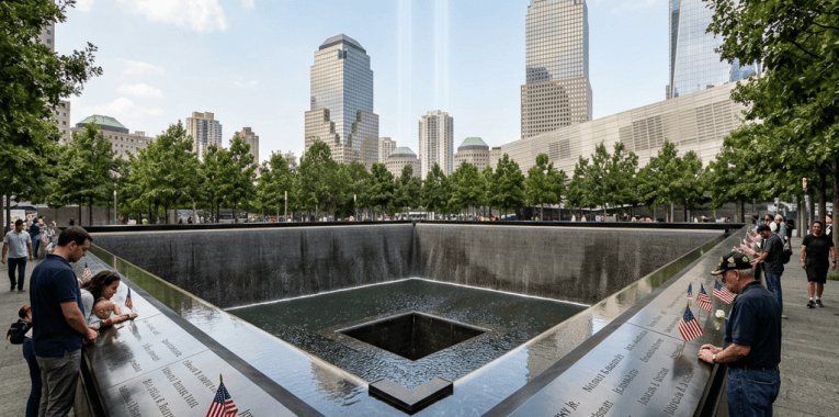 Visitors at a September 11 Memorial pool surrounded by engraved names