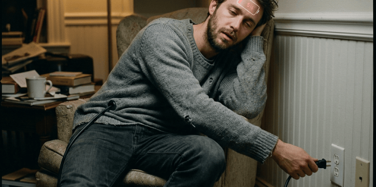 Tired man holding a plug beside an outlet; forehead overlay reads “5/4”