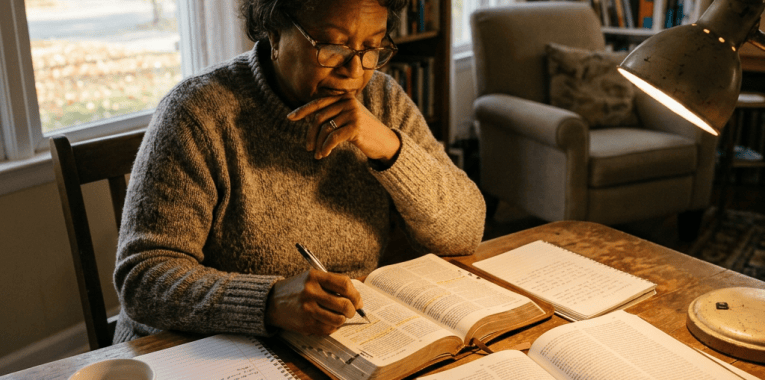 Woman writing notes beside open books at a home study table