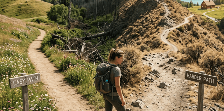 Hiker choosing between trails marked “EASY PATH” and “HARDER PATH”