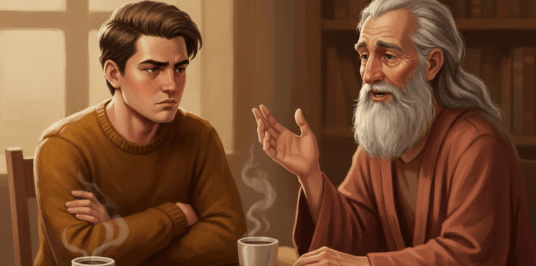 A person sits across a table from a wise, caring mentor figure who is speaking earnestly and gesturing gently. The seated person has their arms crossed, jaw set, eyes slightly averted — clearly hearing the words but internally resisting them. Warm, soft lighting. The mood is intimate and a little uncomfortable. The advice-giver's expression is kind, not harsh. Painterly, editorial illustration style with muted warm tones and a slight chiaroscuro quality. No text.