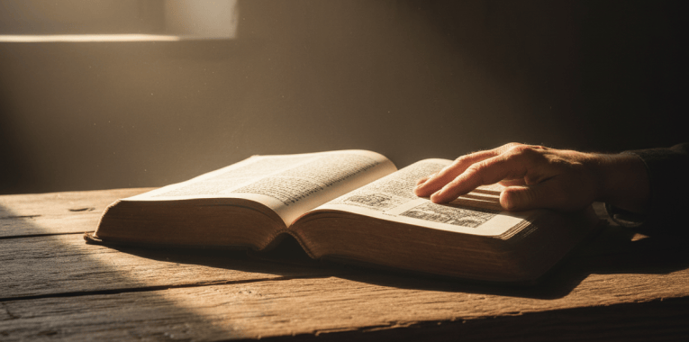 An open, ancient Bible resting on a weathered wooden surface, bathed in warm, directional light streaming through a window. The light illuminates the pages with a sense of truth and clarity. The mood is contemplative and honest — neither overly dramatic nor soft. Subtle dust particles float in the beam of light. The image conveys candor, trustworthiness, and the weight of timeless words. Photorealistic style.