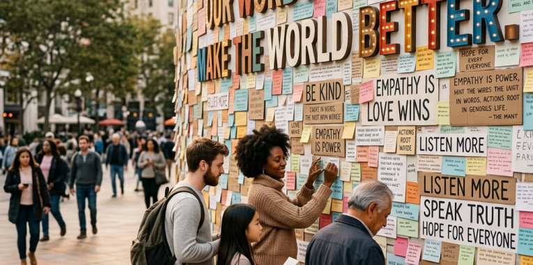 People engaging with a mural reading “Our words make the world better.”