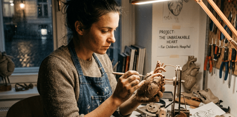 Artisan shaping a heart model beside a sign reading Project: The Unbreakable Heart