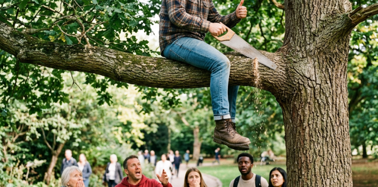 Man sawing a tree branch while park visitors look up