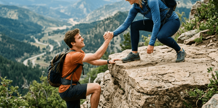 Two hikers helping each other climb a rocky mountain ledge