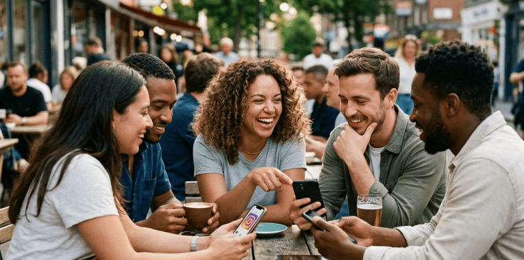 Five friends laughing together at an outdoor café table with phones and drinks