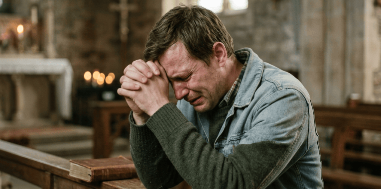 Man praying with clasped hands inside a stone church