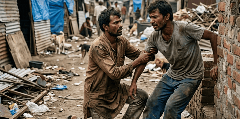 Two men support each other in a debris-strewn informal settlement.