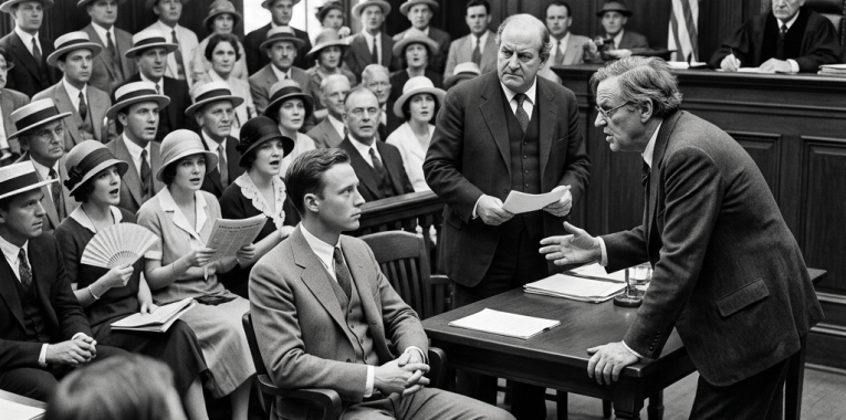 Courtroom debate with judge, attorneys, spectators, and “EVOLUTION ON TRIAL” sign