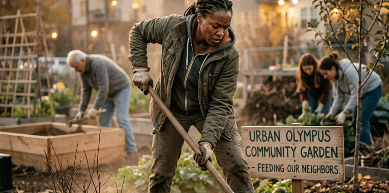 Volunteers gardening; sign reads “URBAN ÖLYMPUS COMMUNITY GARDEN – FEEDING OUR NEIGHBORS.”