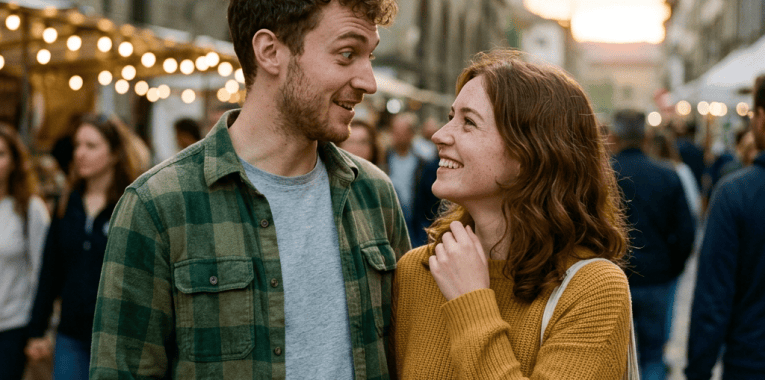 Smiling couple walking through a busy evening street market