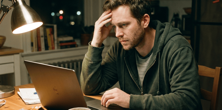Man working on laptop at kitchen table late at night