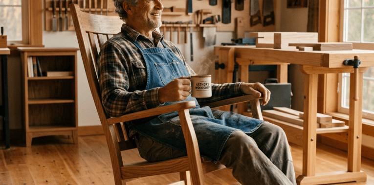 Woodworker relaxing in a rocking chair inside his workshop