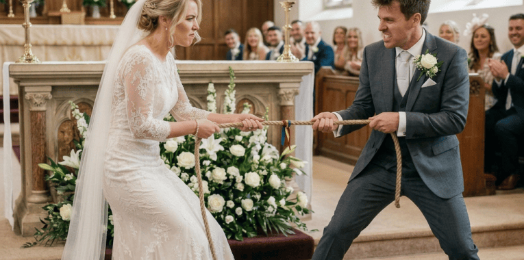 Bride and groom playfully pull a rope during their wedding ceremony while guests cheer.