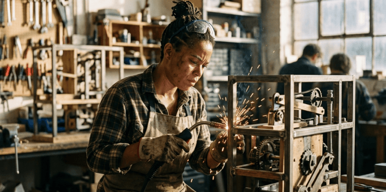 Craftsperson welding a gear-driven metal frame in a workshop