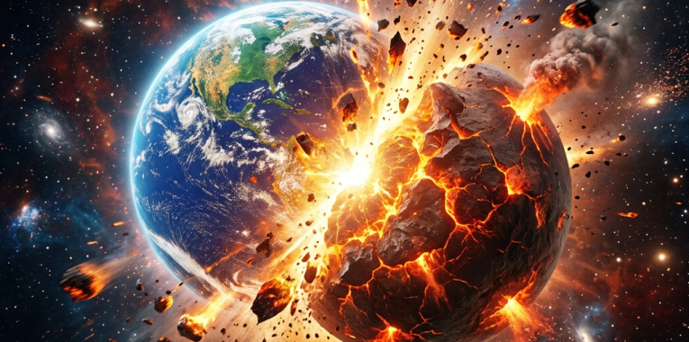Earth colliding with a molten cracked planet in a star-filled space scene