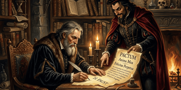 Scholar signs parchment reading “PACTUM Anima Mea Felicitas Perpetua” while a darkly dressed man points beside him; “H. HAUST” appears below.